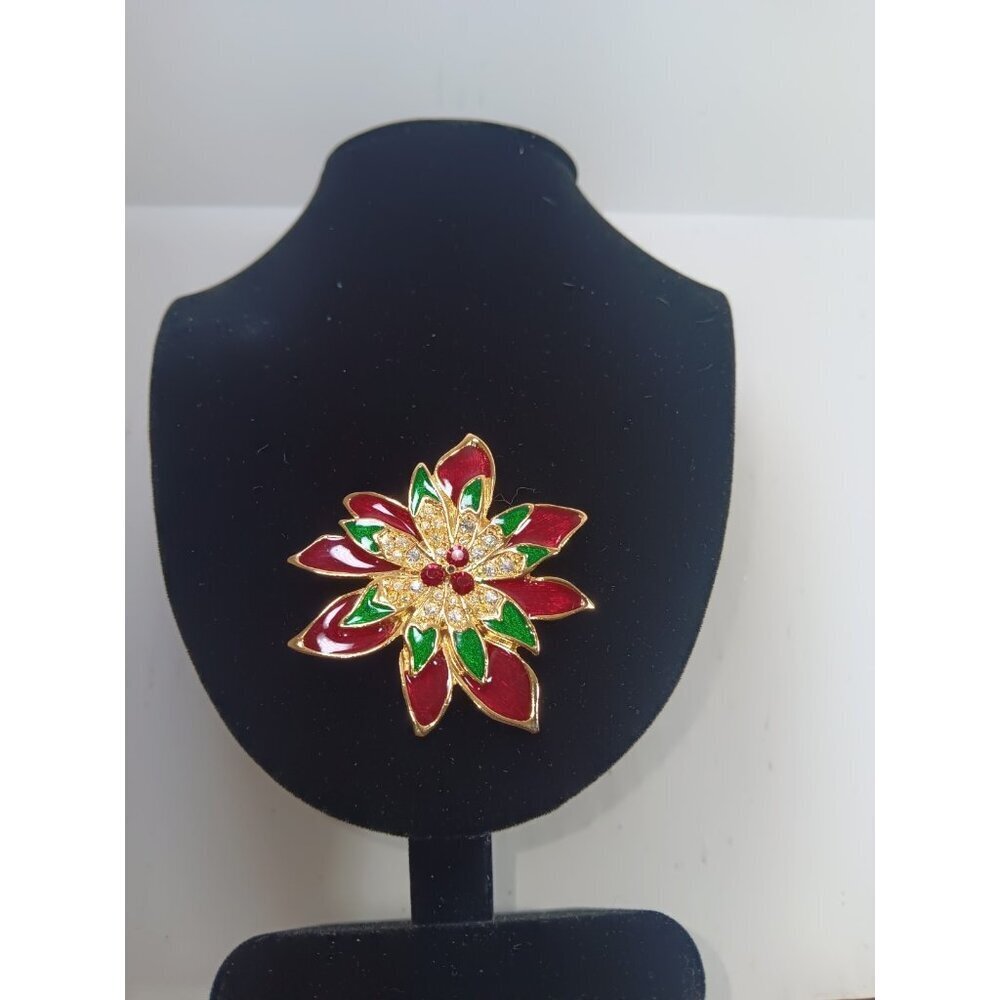BC Lind Vintage 14Kt Gold-Plated Enamel Crystal Christmas Poinsettia Pin